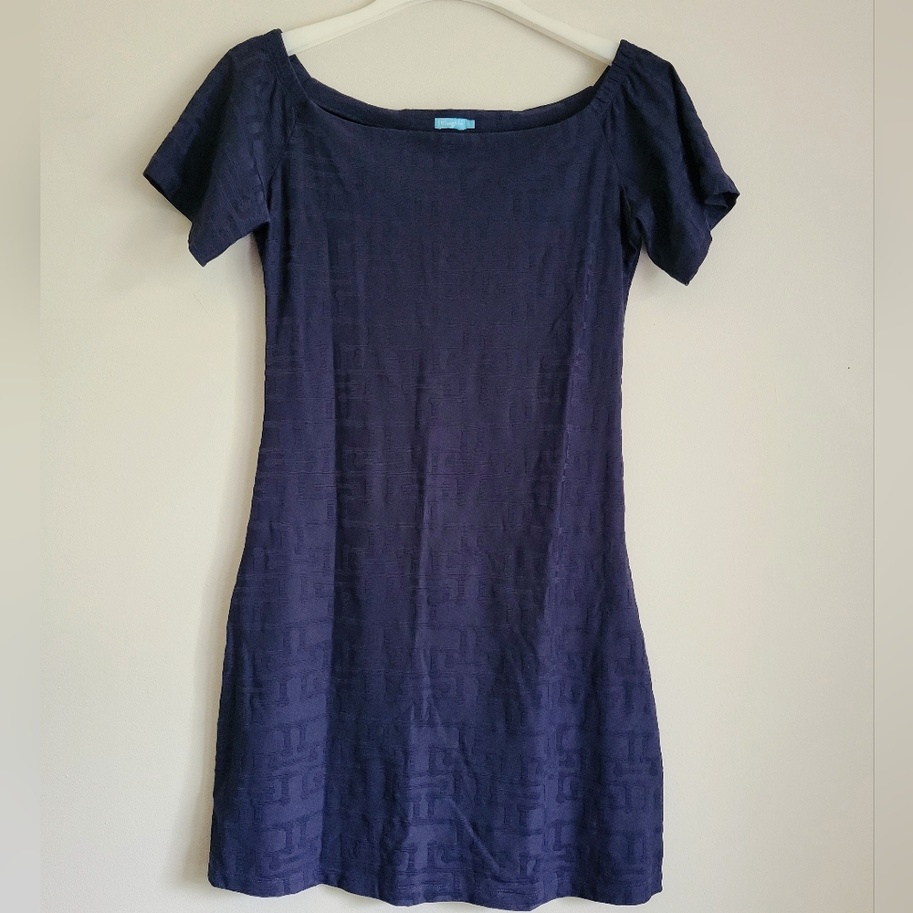 J.MCLAUGHLIN Navy Grecian Textured Shift Swing Stretch Dress Sweetheart …